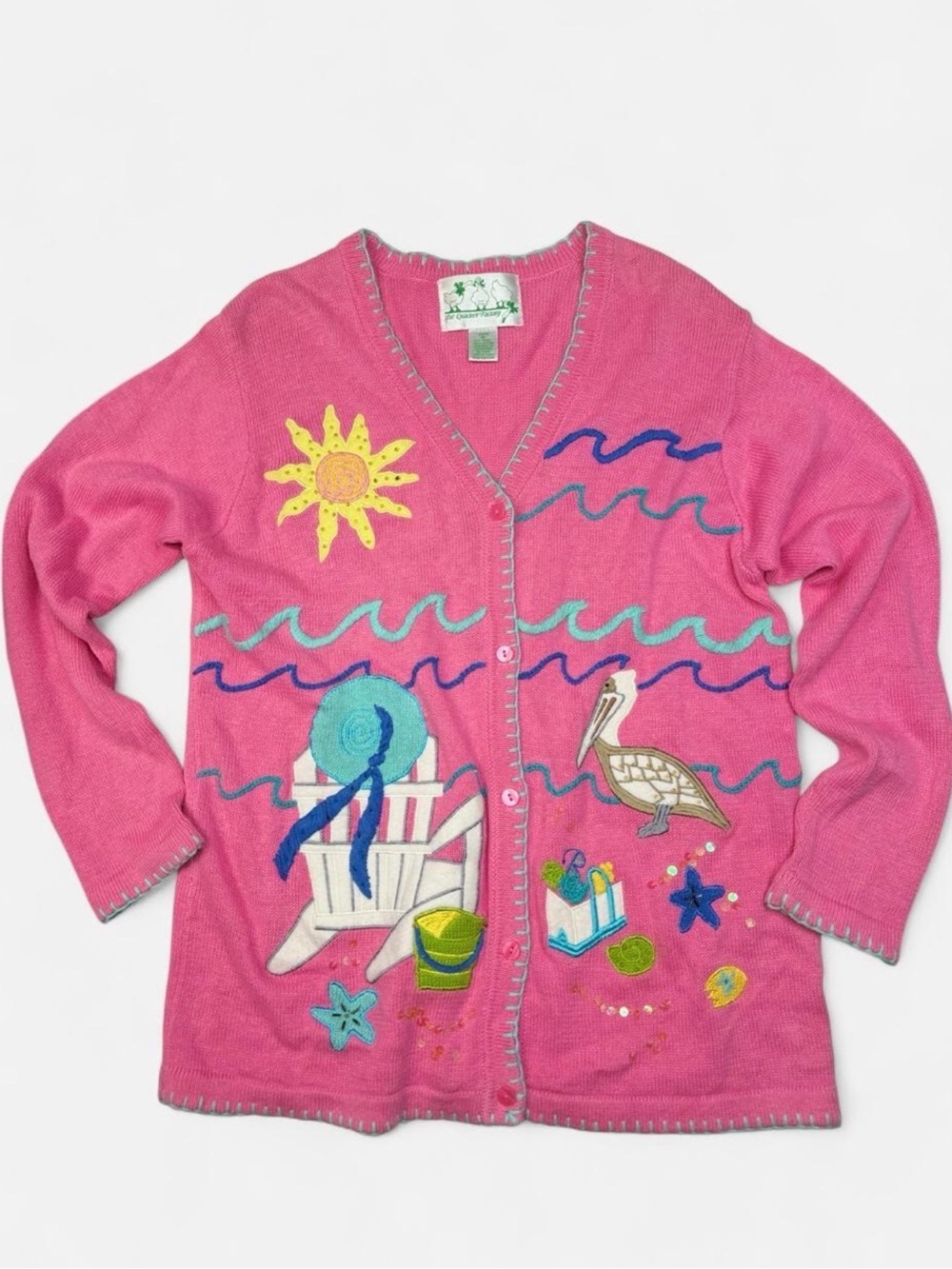Whimsical Pink Embroidered Beach Cardigan Sweater Sz. M